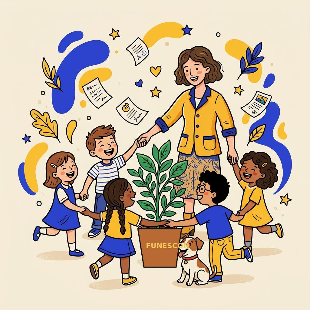 Educadora, niños, un árbol y una mascota unidos en comunidad